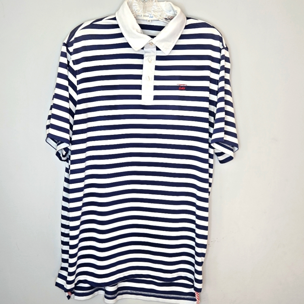 Bald Head Blues striped golf polo shirt Navy‎ Blue White Stripes Mens Medium